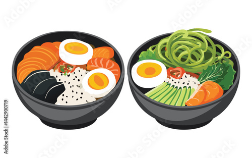  Bibimbap bowl and Rice Bowl Dish - Vector Illustration