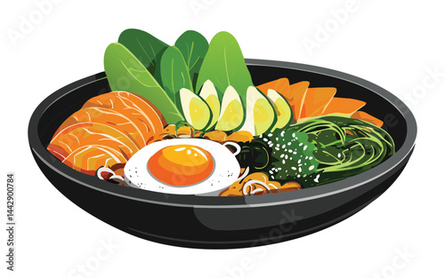 Bibimbap Rice Egg Vegetables Bowl - Vector Illustration
