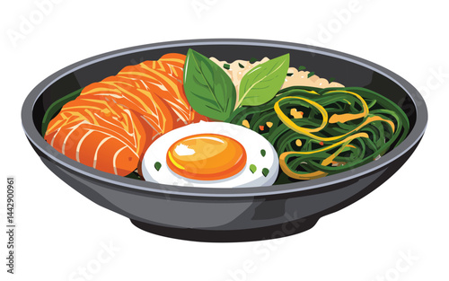 Bibimbap Rice Egg Vegetables Bowl - Vector Illustration