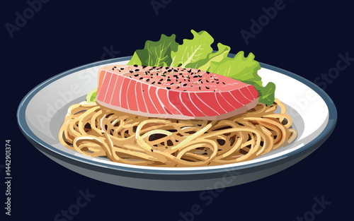 Vector Illustration of Soba Noodle Salad and Seared Tuna