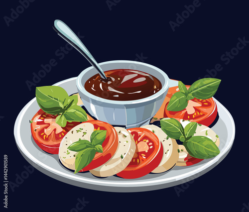 Caprese Salad with Balsamic Glaze and Garlic Bread - Vector Illustration