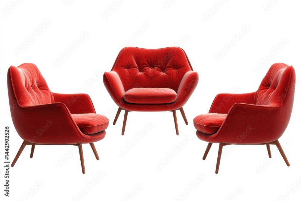 Obraz premium Three red velvet armchairs with wooden legs arranged on a white background in a studio setting