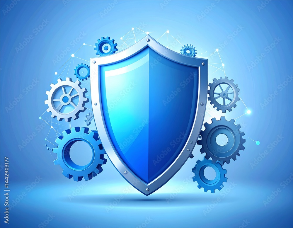 Fototapeta premium Cybersecurity concept with shield and gears symbolizing digital protection and data security concept
