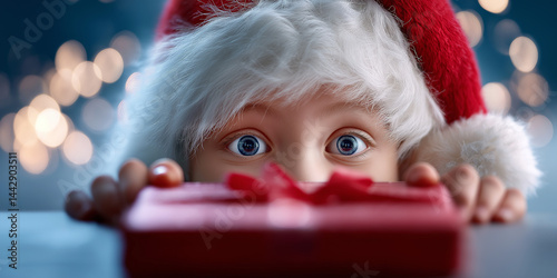Obraz na płótnie Nahaufnahme von Nikolaus mit roten Wangen und schelmischem Blick hinter rotem Stoff w salonie