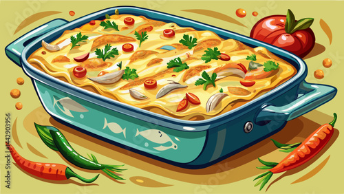 potato casserole with fish filling, food photo, photography style, very close, aspect rati