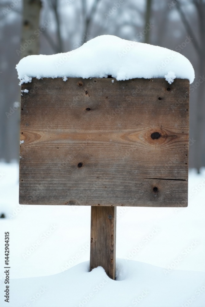 Naklejka premium A weathered wooden signpost, blanketed in fresh snow, stands silently in a tranquil winter landscape, awaiting a message.