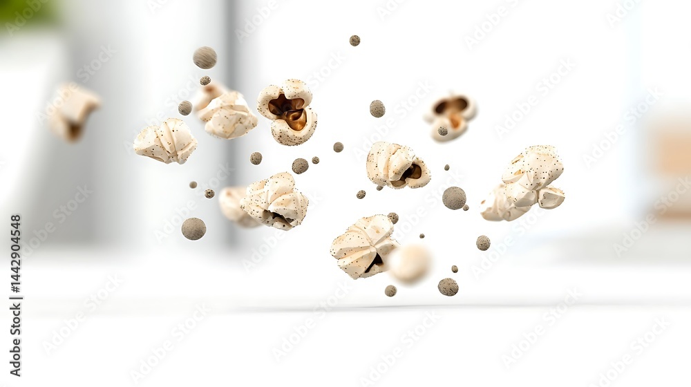 Fototapeta premium Floating popcorn and spices against bright background