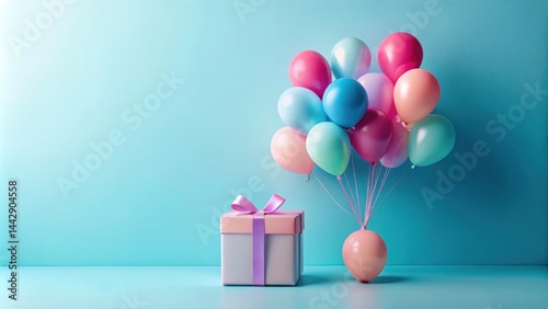 Pastel Balloons and Gift Box on Light Blue Background