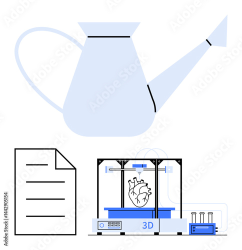 Watering can, document, and 3D printer creating a human heart symbolize innovation, creativity, and growth. Ideal for medical technology, sustainability, future solutions, bioengineering research
