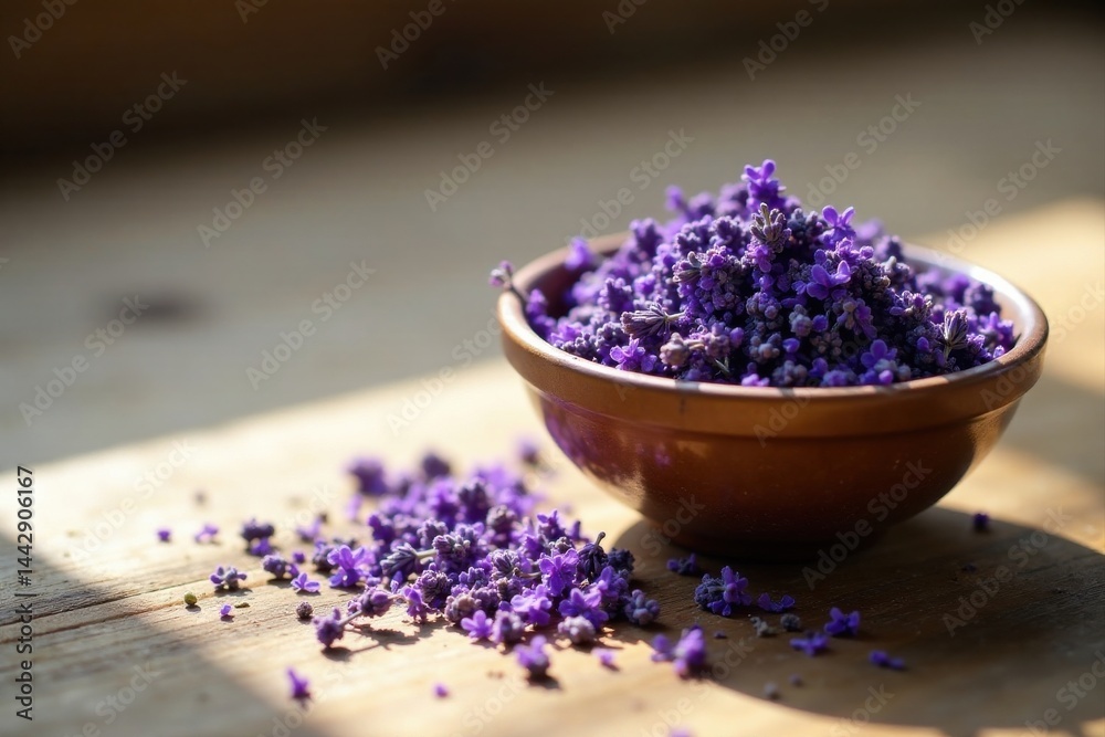 A Rustic Brown Bowl Overflowing with Delicate Purple Lavender Blossoms, Spilling onto a Warm Wooden Surface Bathed in Sunlight A Rustic Brown Bowl Overflowing with Delicate Purple Lavender Blossoms, Spilling onto a Warm Wooden Surface Bathed in Sunlight