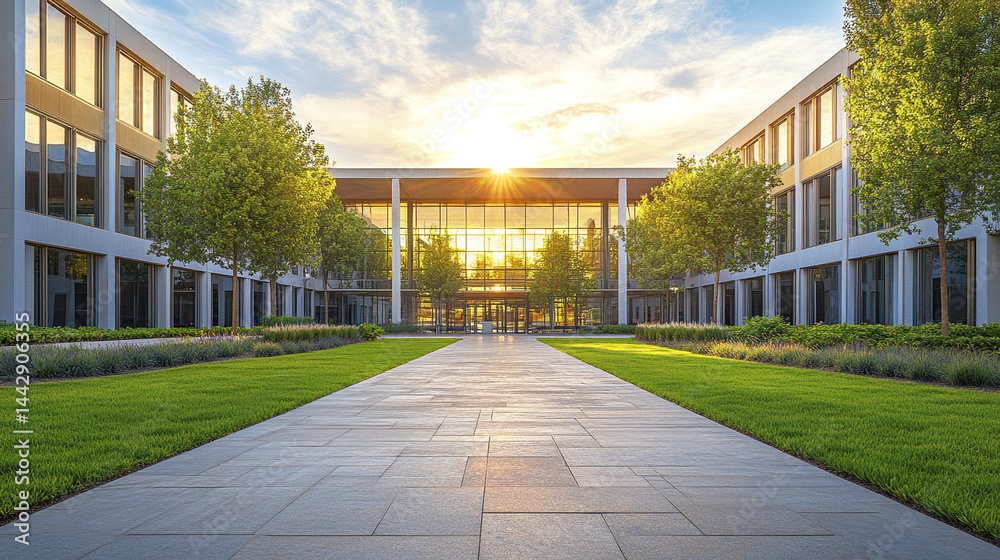 modern architectural design featuring spacious courtyard with lush greenery and sunset backdrop modern architectural design featuring spacious courtyard with lush greenery and sunset backdrop