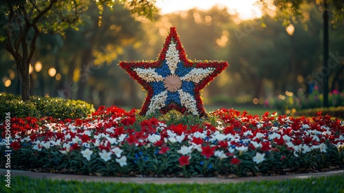 Patriotic star-shaped flower arrangement with red white and blue blooms perfect for Memorial Day event decor or garden displays