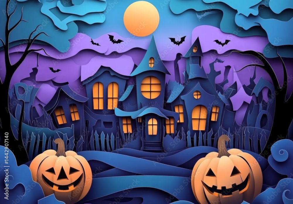 Fototapeta premium Spooky Halloween Scene with Pumpkins and Haunted Houses on Blue and Purple Paper Background. Designed Like a Paper Cut Card, Perfect for Halloween Greetings and Decorations.