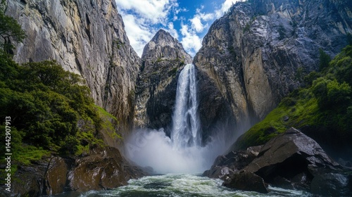 Majestic Waterfall Cascading Down Rocky Mountains in Lush Landscape