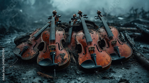 Four violins lie in dramatic, misty setting, surrounded by debris and mud, evoking sense of abandonment and decay. scene is hauntingly atmospheric