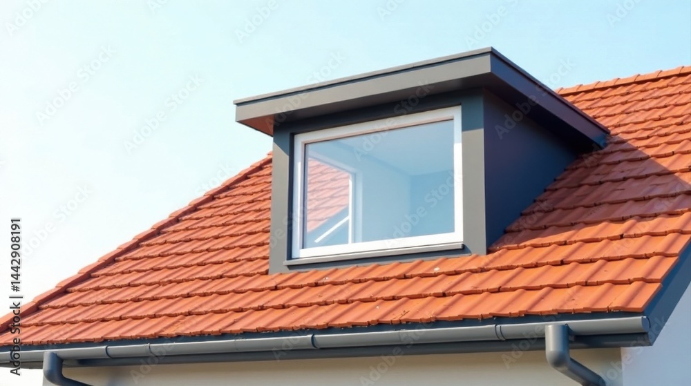 A Newly Constructed Residential Roof Featuring a Modern Dormer Window with a Grey Metal Frame and a Terracotta Tile Roof A Newly Constructed Residential Roof Featuring a Modern Dormer Window with a Grey Metal Frame and a Terracotta Tile Roof