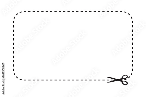 Scissors cut coupon on dotted line with dash icon. Shear trim square rectangular shape coupon or kids cutting practice page along the guide line with dash or dot border. Vector flat illustation