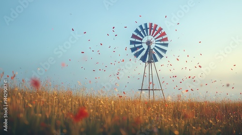 Windmill in flower field scattering petals perfect for rural landscape themes or seasonal promotional graphics