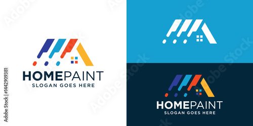 Creative simple home paint logo template. Building house with colourful paint for home decoration logo design vector illustration.