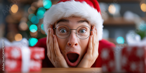 Mann mit Weihnachtsmütze und Brille hält erschrocken die Hände an die Wangen vor Weihnachtsdekoration
