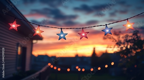 Red white and blue star string lights with bokeh sunset backdrop perfect for festive event graphics or decorative themes