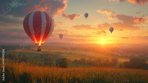 Hot air balloons rising over golden field at sunrise perfect for adventure travel posters or scenic landscape prints