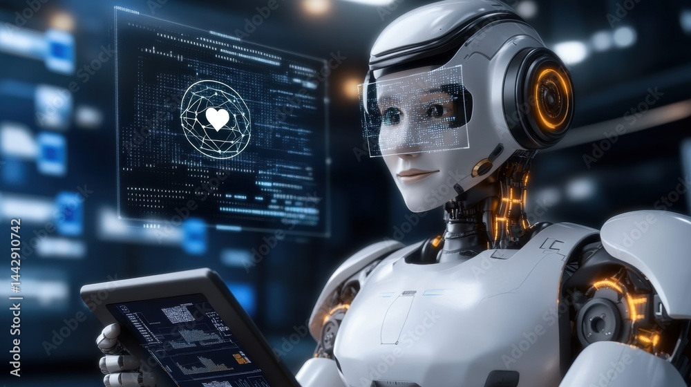 Fototapeta premium Futuristic Robot Interacting with Digital Interface and Tablet