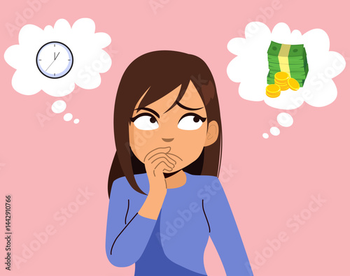 Cartoon of a woman with a thoughtful expression and hand on her face, reflecting on time, money and personal priorities vector illustration