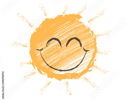 Whimsical hand drawn doodle vector illustration of a smiling sun character with closed eyes, radiating warmth, positivity and summer vibes