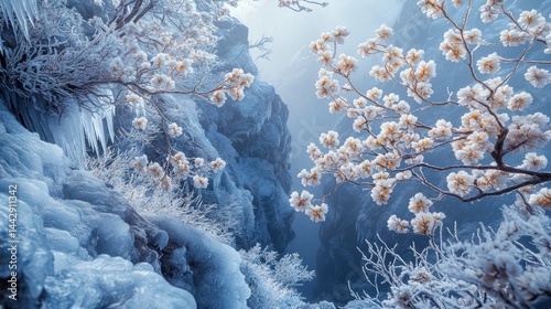 tranquil mountain pass ice-covered branches begin blossom, first signs spring emerging cold