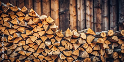 Obraz na płótnie A neatly stacked pile of seasoned hardwood logs rests against a rustic wooden wall, ready for winter's warmth. w salonie