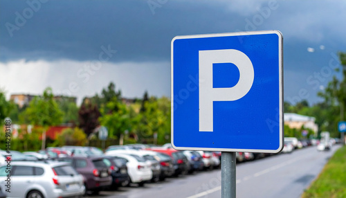  Blue Square Parking Sign in Urban Setting with Meter and Attendant