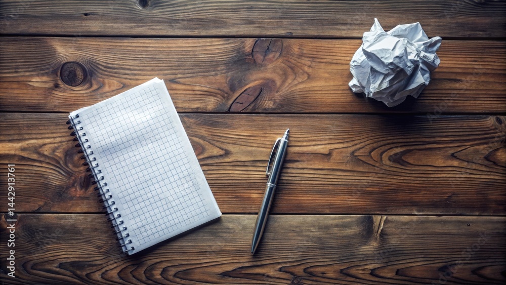 Blank notepad, pen, and crumpled paper on rustic wooden surface signifying creative process and brainstorming