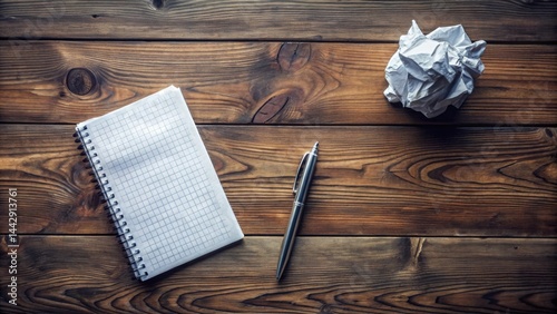 Obraz na płótnie Blank notepad, pen, and crumpled paper on rustic wooden surface signifying creative process and brainstorming w salonie