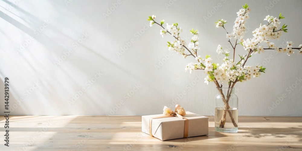A Gift Wrapped in Natural Tones, Adorned with a Delicate Ribbon, Rests on a Wooden Surface Beside a Vase of Blossoming Branches in Sunlight.