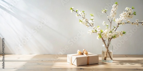 Obraz na płótnie A Gift Wrapped in Natural Tones, Adorned with a Delicate Ribbon, Rests on a Wooden Surface Beside a Vase of Blossoming Branches in Sunlight. w salonie