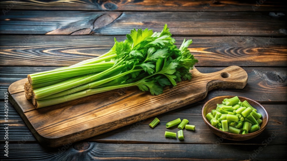 Fresh Celery Stalks on Rustic Wooden Board with Chopped Pieces