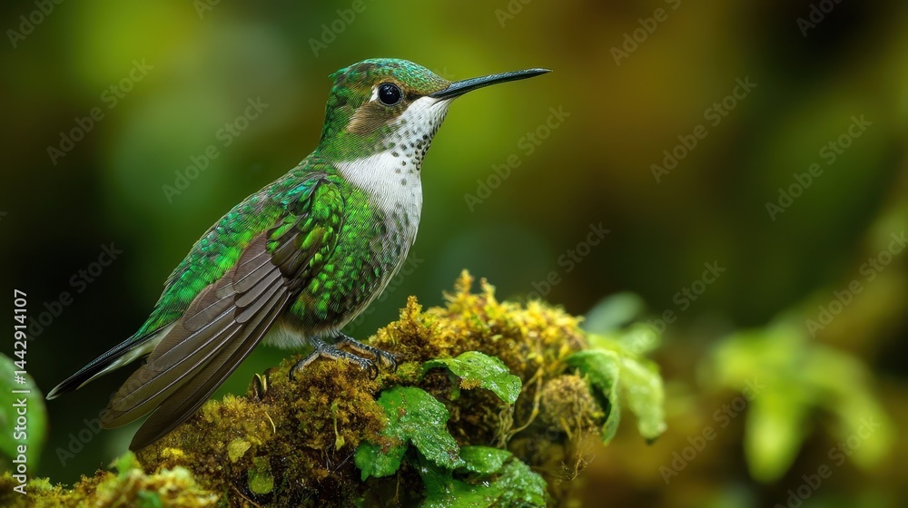 Obraz premium Green hummingbird perched on moss-covered branch in forest habitat