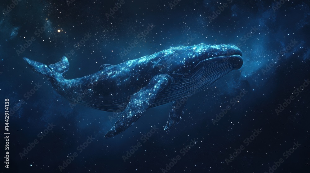 Fototapeta premium Celestial whale swimming through starry night sky in cosmic ocean