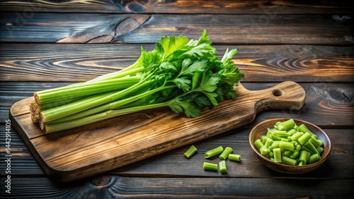 Obraz na płótnie Fresh Celery Stalks on Rustic Wooden Board with Chopped Pieces w salonie
