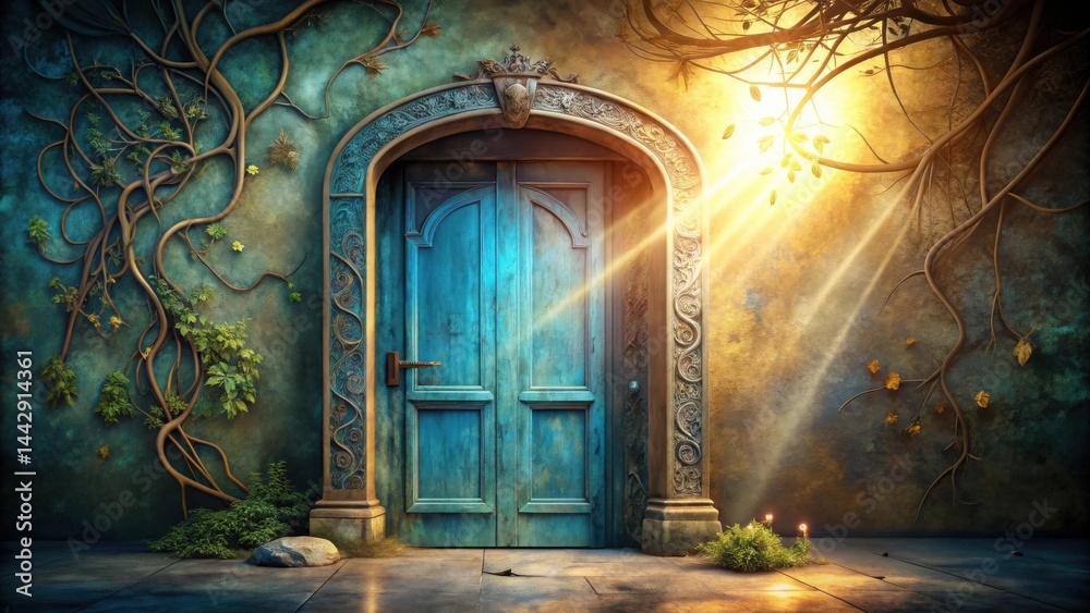 Enchanted Archway with Sunlit Teal Door and Vines
