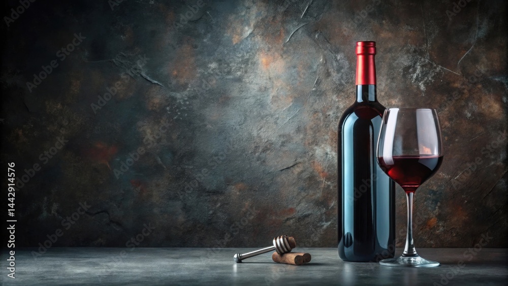 A bottle of red wine, a glass of red wine, and a corkscrew on a dark textured surface
