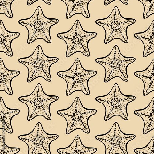Seamless starfish pattern. Summer marine animal background design. Seamless vector starfish pattern. Marine design. Summer ocean pattern for textile, wallpaper, fabric and interior design.