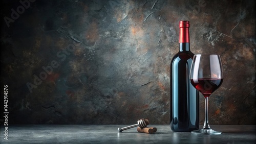 A bottle of red wine, a glass of red wine, and a corkscrew on a dark textured surface