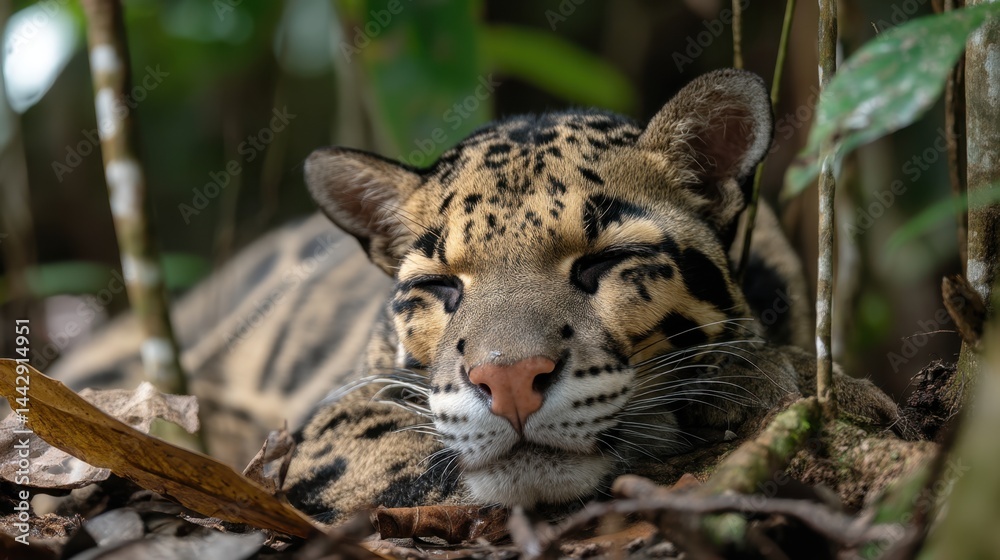 Fototapeta premium Clouded Leopard Resting in Lush Foliage