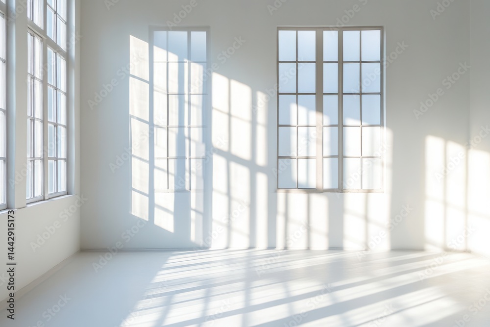 Bright room with large windows casting shadows on the walls and floor in a minimalist style Bright room with large windows casting shadows on the walls and floor in a minimalist style