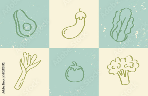 6 hand-drawn illustrations of vegetables sketch doodles. Vegetable icons in vintage grid with textured background. Rustic vegetable drawings in muted green blocks with retro sketch texture.
