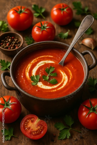 Delicious Tomato Soup Garnished With Cream and Fresh Herbs on a Wooden Table