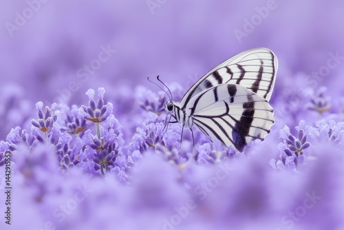 White butterfly on lavender field Close-up of a beautiful white butterfly with black markings, delicately perched on vibrant purple lavender flowers Soft focus on the surrounding lavender, 