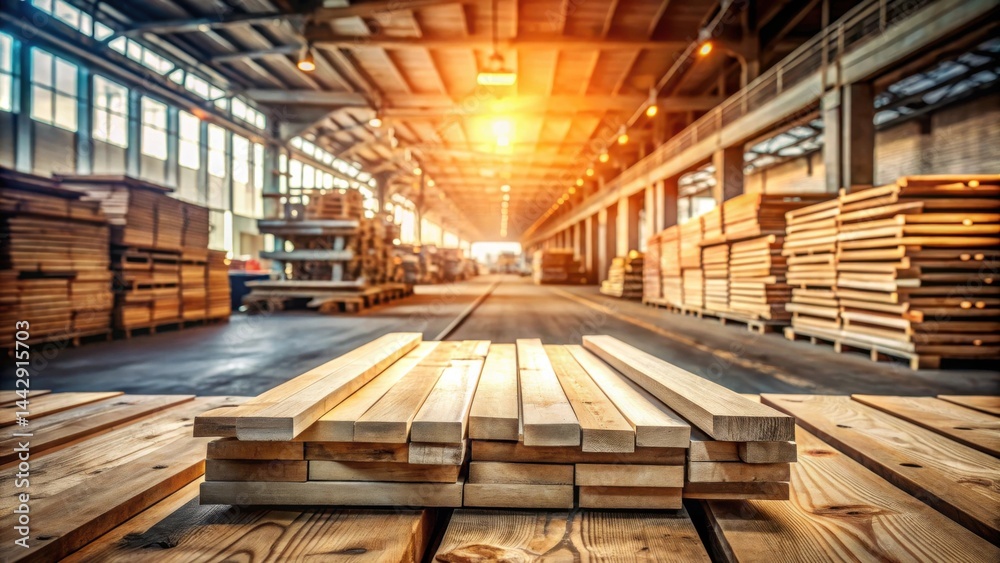 Warehouse Lumber Inventory Rows of Stacked Wood Planks Ready for Construction and Manufacturing